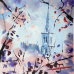 Copenhagen spire in cherry blossoms