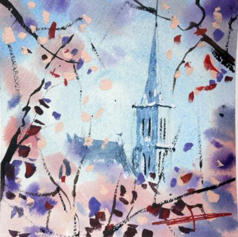 Copenhagen spire in cherry blossoms